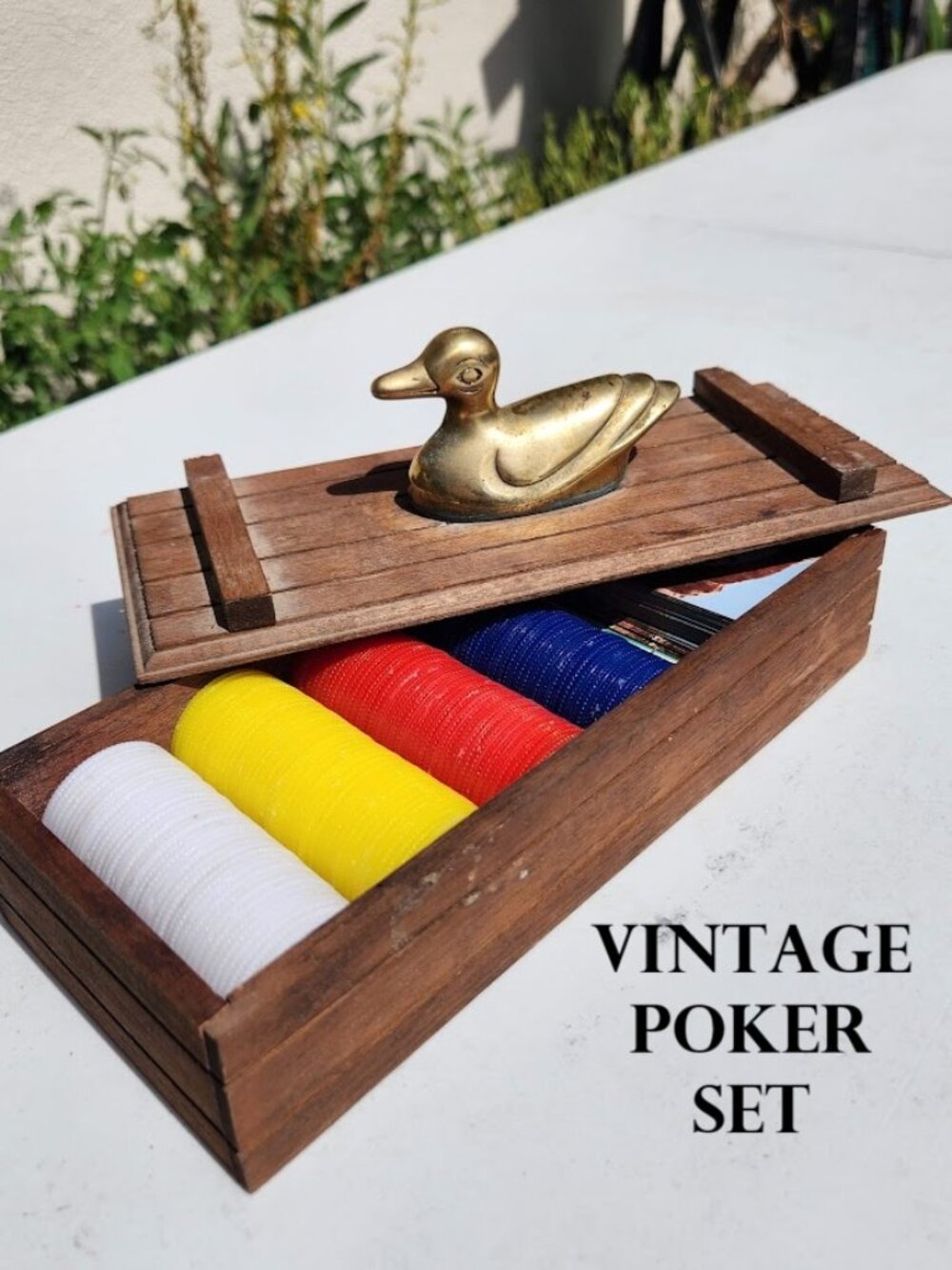 Vintage Wooden Poker Chip Set with Brass Duck Finial Handle Mid-Century Game
